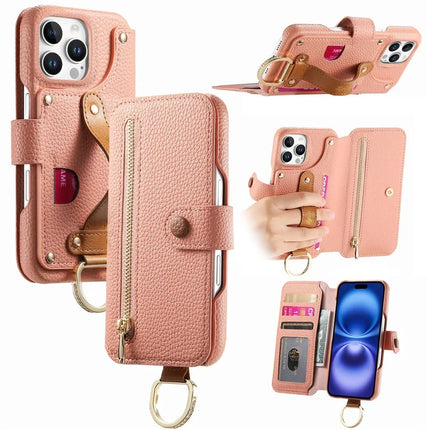 For iPhone 16 Pro Case RFID Blocking Zipper Wallet PU Leather Mobile Cover - Pink
