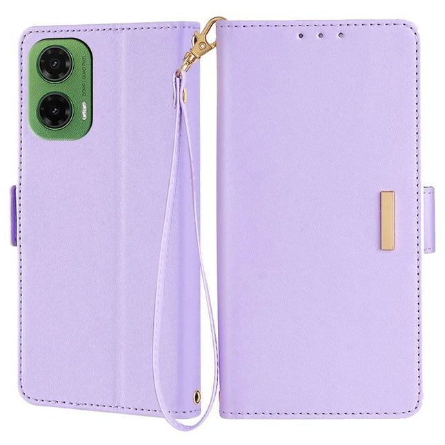 For Motorola Moto G35 5G Leather Wallet Case RFID Blocking Stand Cover with Hand Strap - Purple