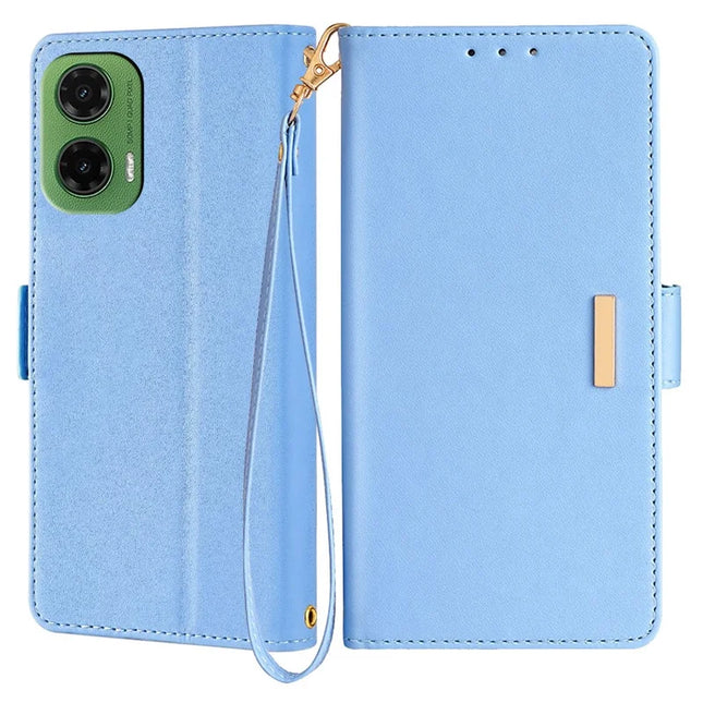 For Motorola Moto G35 5G Leather Wallet Case RFID Blocking Stand Cover with Hand Strap - Blue