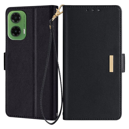 For Motorola Moto G35 5G Leather Wallet Case RFID Blocking Stand Cover with Hand Strap - Black