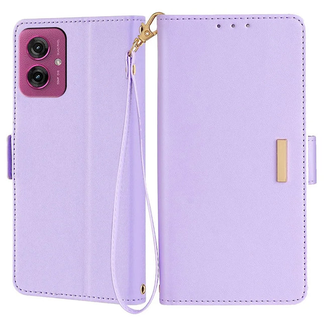 For Motorola Moto G55 5G Leather Wallet Case RFID Blocking Stand Cover with Hand Strap - Purple