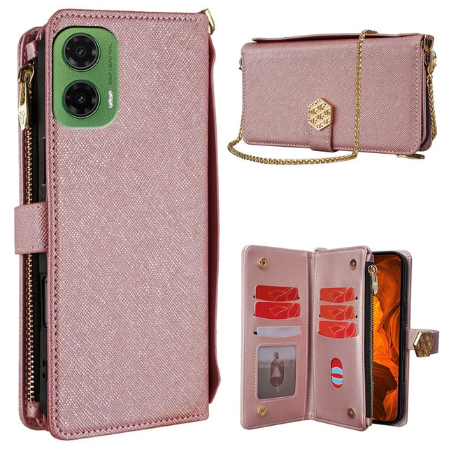 For Motorola Moto G35 5G Case Cross Texture PU Leather+TPU Wallet Phone Cover with Strap - Rose Gold