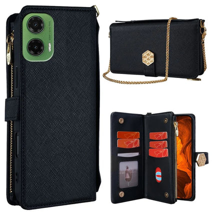 For Motorola Moto G35 5G Case Cross Texture PU Leather+TPU Wallet Phone Cover with Strap - Black