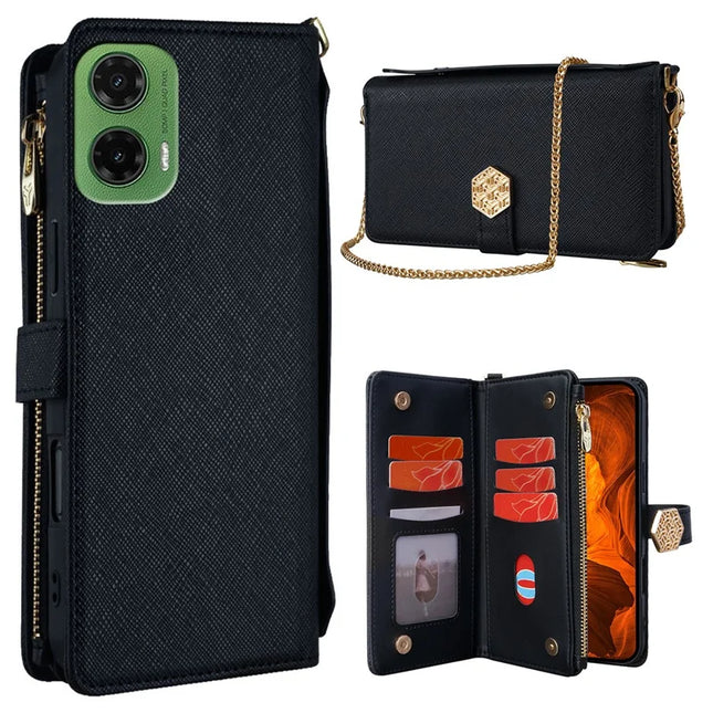 For Motorola Moto G35 5G Case Cross Texture PU Leather+TPU Wallet Phone Cover with Strap - Black