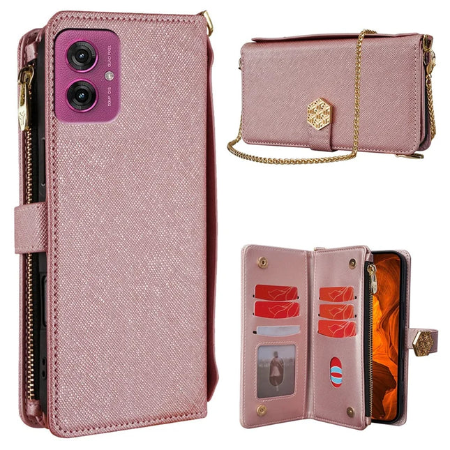 For Motorola Moto G55 5G Case Cross Texture PU Leather+TPU Wallet Phone Cover with Strap - Rose Gold