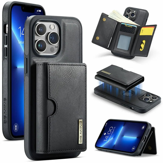 DG.MING M6 Series For iPhone 12 Pro Max Case Magnetic Wallet PU+PC+TPU Phone Cover - Black