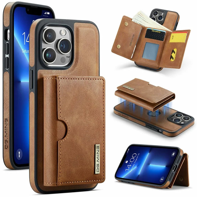 DG.MING M6 Series For iPhone 12 Pro Max Case Magnetic Wallet PU+PC+TPU Phone Cover - Brown