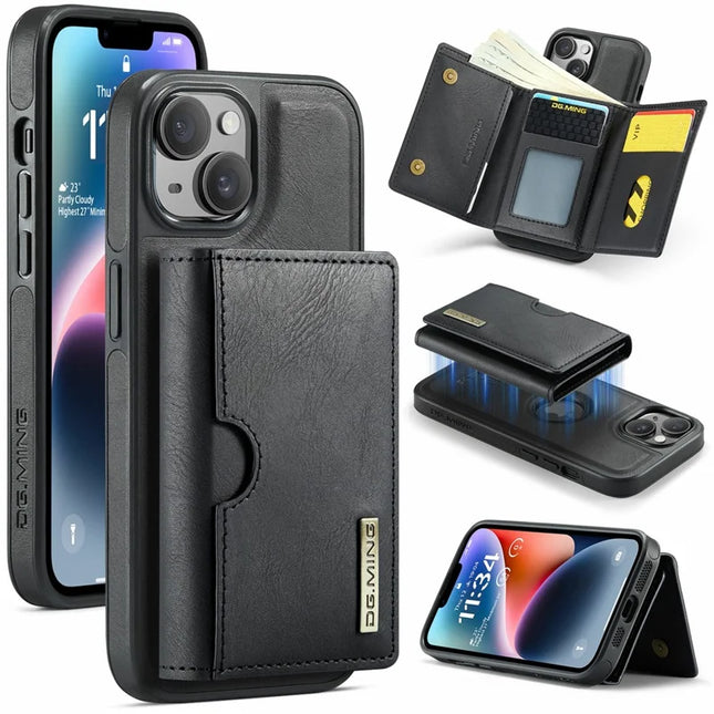 DG.MING M6 Series For iPhone 14 Case Magnetic Wallet PU+PC+TPU Phone Cover - Black