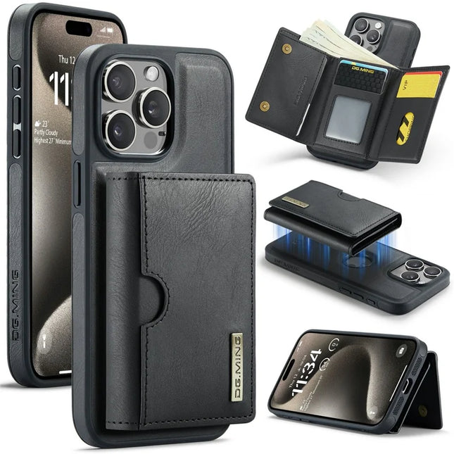 DG.MING M6 Series For iPhone 15 Pro Max Case Magnetic Wallet PU+PC+TPU Phone Cover - Black