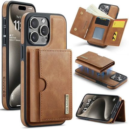 DG.MING M6 Series For iPhone 15 Pro Max Case Magnetic Wallet PU+PC+TPU Phone Cover - Brown