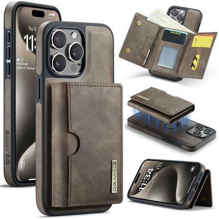DG.MING M6 Series For iPhone 15 Pro Max Case Magnetic Wallet PU+PC+TPU Phone Cover - Coffee