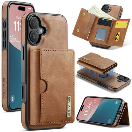 DG.MING M6 Series For iPhone 16 Case Magnetic Wallet PU+PC+TPU Phone Cover - Brown