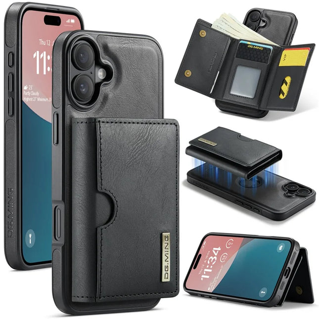 DG.MING M6 Series For iPhone 16 Plus Case Magnetic Wallet PU+PC+TPU Phone Cover - Black