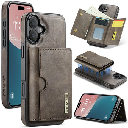 DG.MING M6 Series For iPhone 16 Plus Case Magnetic Wallet PU+PC+TPU Phone Cover - Coffee