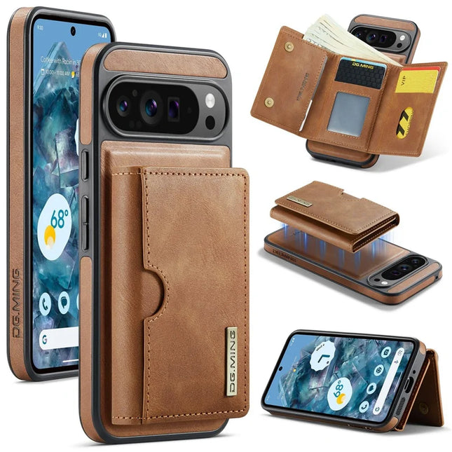 DG.MING M6 Series For Google Pixel 9 Pro XL Case Magnetic Wallet PU+PC+TPU Phone Cover - Brown
