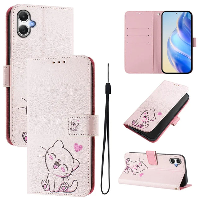 For Samsung Galaxy A05 4G Case Pattern Printing Wallet Phone Cover with Strap - Cute Cat
