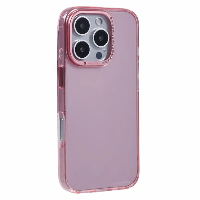 For iPhone 16 Pro Max Case TPU+PC Phone Back Cover Lens Frame Rhinestone Decorated - Transparent Pink