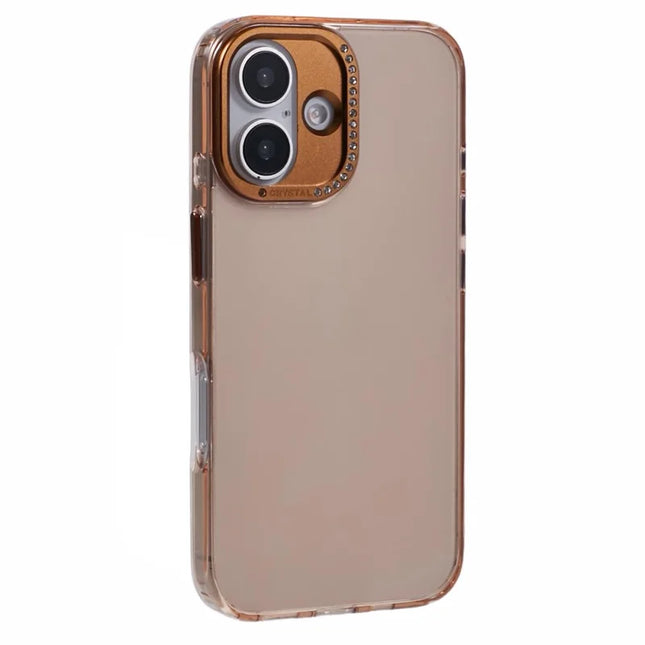 For iPhone 16 Plus Case TPU+PC Phone Back Cover Lens Frame Rhinestone Decorated - Transparent Gold