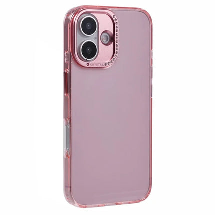 For iPhone 16 Plus Case TPU+PC Phone Back Cover Lens Frame Rhinestone Decorated - Transparent Pink
