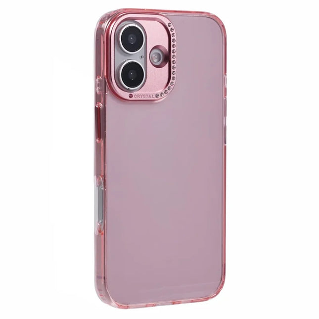 For iPhone 16 Plus Case TPU+PC Phone Back Cover Lens Frame Rhinestone Decorated - Transparent Pink