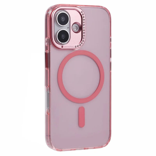 For iPhone 16 Plus Case Compatible with MagSafe TPU+PC Phone Back Cover Rhinestone Decor - Transparent Pink