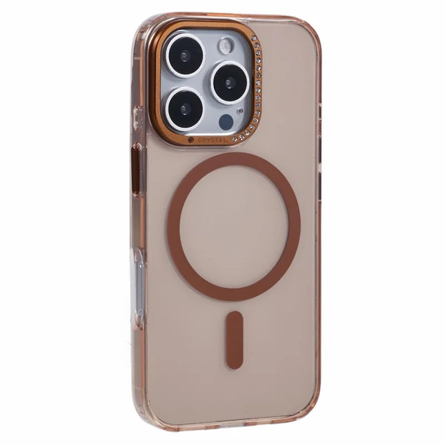 For iPhone 16 Pro Max Case Compatible with MagSafe TPU+PC Phone Back Cover Rhinestone Decor - Transparent Gold