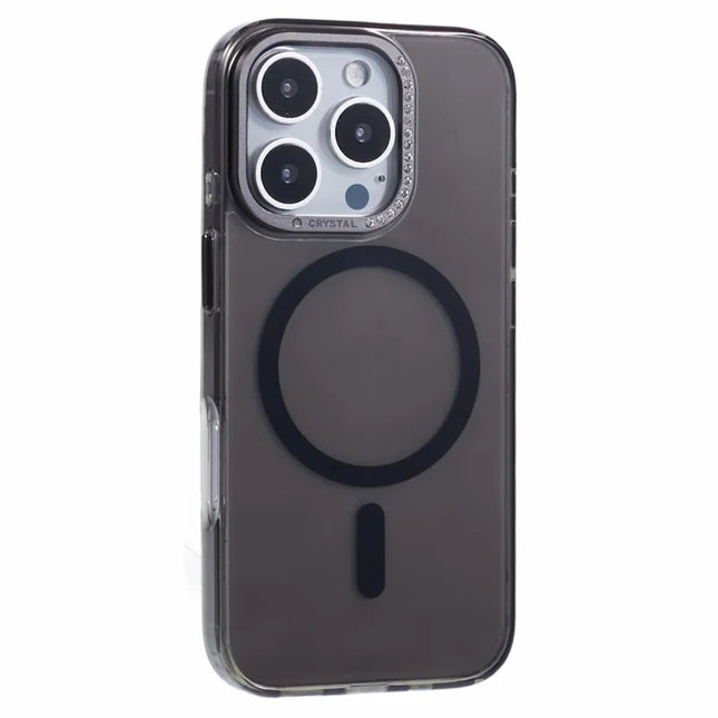For iPhone 16 Pro Max Case Compatible with MagSafe TPU+PC Phone Back Cover Rhinestone Decor - Transparent Black