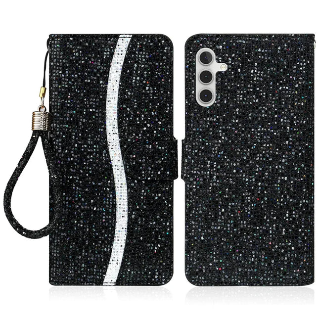 For Samsung Galaxy S23 FE Case PU Leather Wallet Card Slots Glitter Phone Cover - Black
