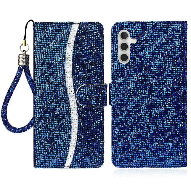 For Samsung Galaxy S23 FE Case PU Leather Wallet Card Slots Glitter Phone Cover - Blue