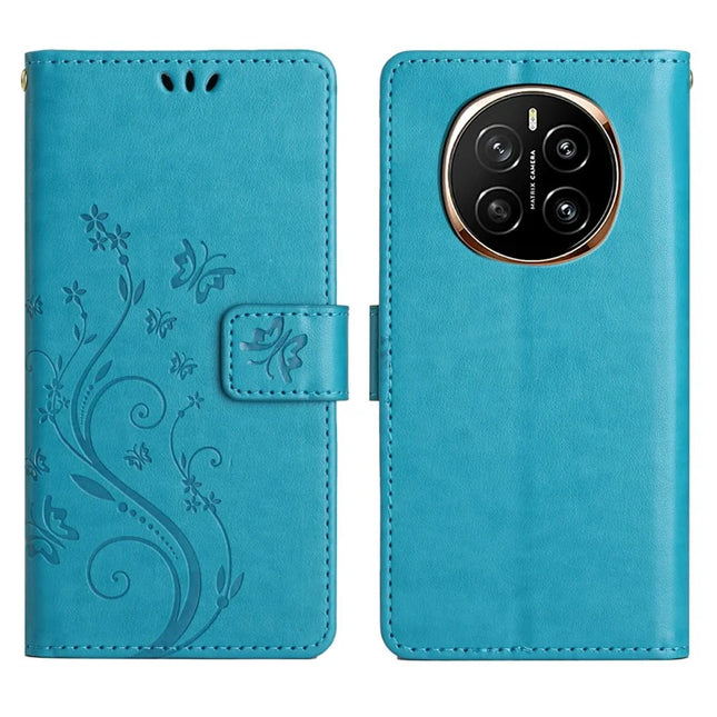 For Honor Magic7 5G Case PU Leather Phone Wallet Cover with Strap - Blue