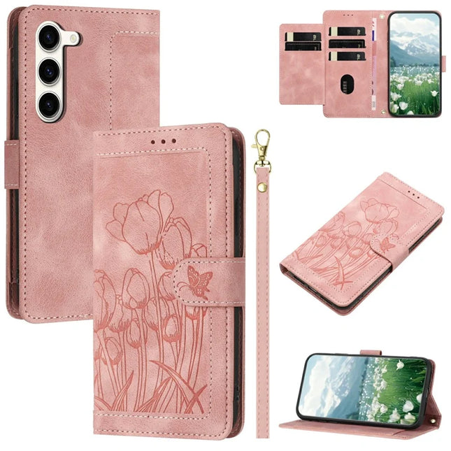For Samsung Galaxy S23 Case Tulip Leather Phone Cover with 5 Card Slots Wallet - Pink