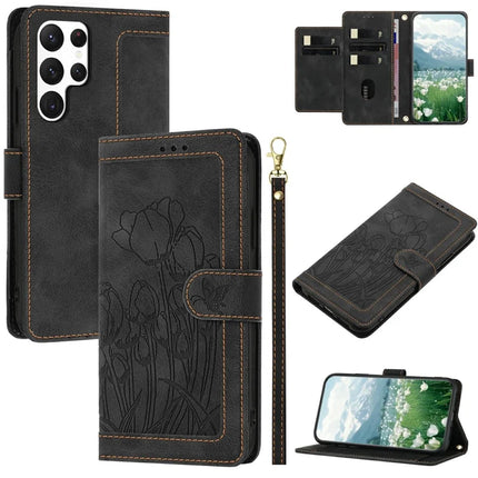 For Samsung Galaxy S23 Ultra Case Tulip Leather Phone Cover with 5 Card Slots Wallet - Black