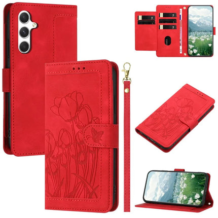 For Samsung Galaxy S23 FE Case Tulip Leather Phone Cover with 5 Card Slots Wallet - Red