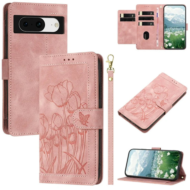 For Google Pixel 8a Case Tulip Leather Phone Cover with 5 Card Slots Wallet - Pink