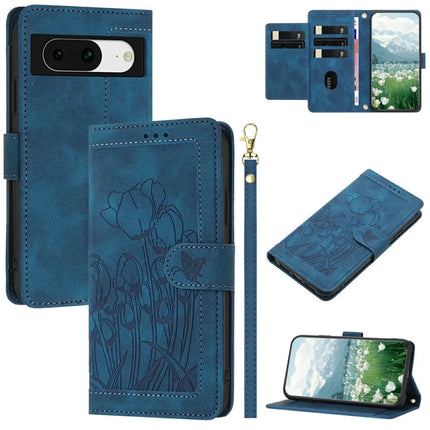 For Google Pixel 8 Case Tulip Leather Phone Cover with 5 Card Slots Wallet - Blue