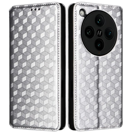 For Oppo Find X8 Pro 5G Wallet Case Rhombus Imprinted Leather Phone Cover - Silver