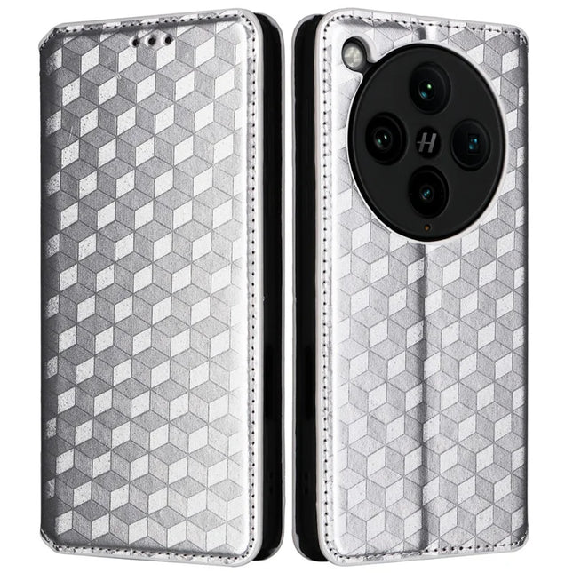 For Oppo Find X8 Pro 5G Wallet Case Rhombus Imprinted Leather Phone Cover - Silver