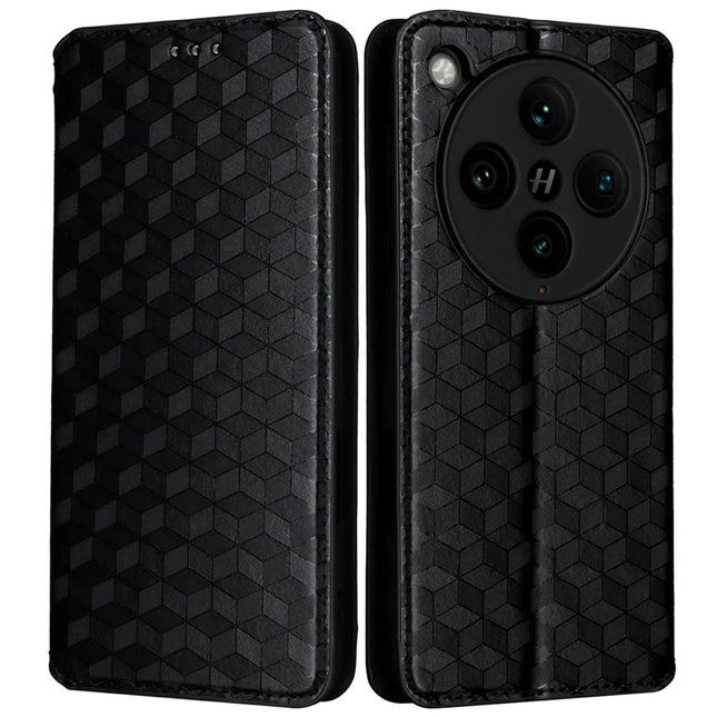 For Oppo Find X8 Pro 5G Wallet Case Rhombus Imprinted Leather Phone Cover - Black