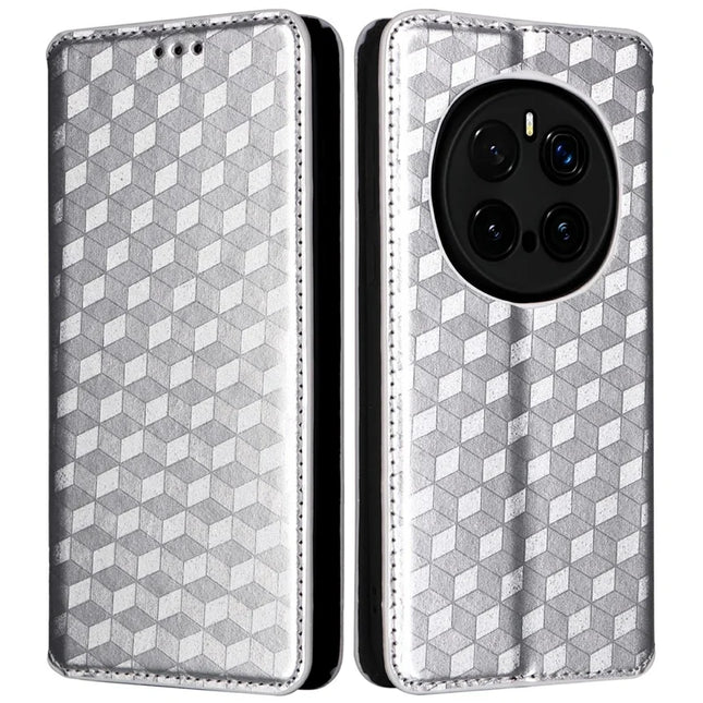 For Honor Magic7 Pro 5G Wallet Case Rhombus Imprinted Leather Phone Cover - Silver