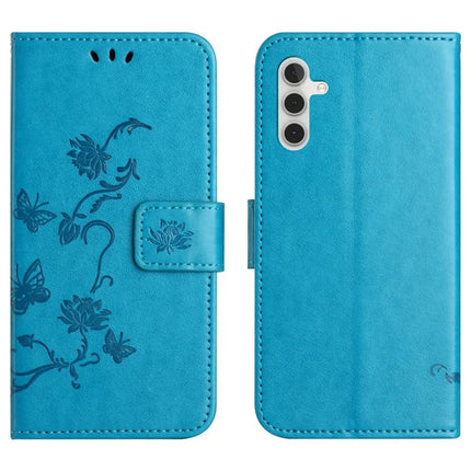 For Samsung Galaxy A26 5G Case Wallet Stand Imprinted Butterfly Flower PU Leather Phone Cover - Blue