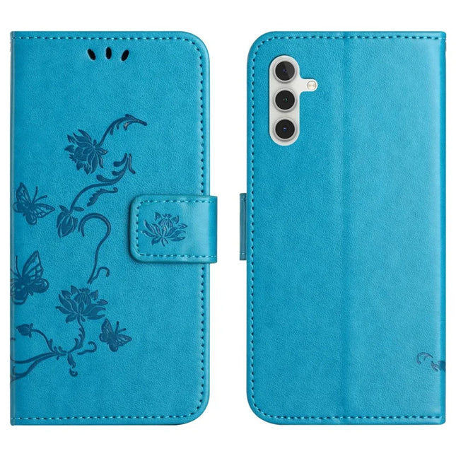 For Samsung Galaxy A26 5G Case Wallet Stand Imprinted Butterfly Flower PU Leather Phone Cover - Blue