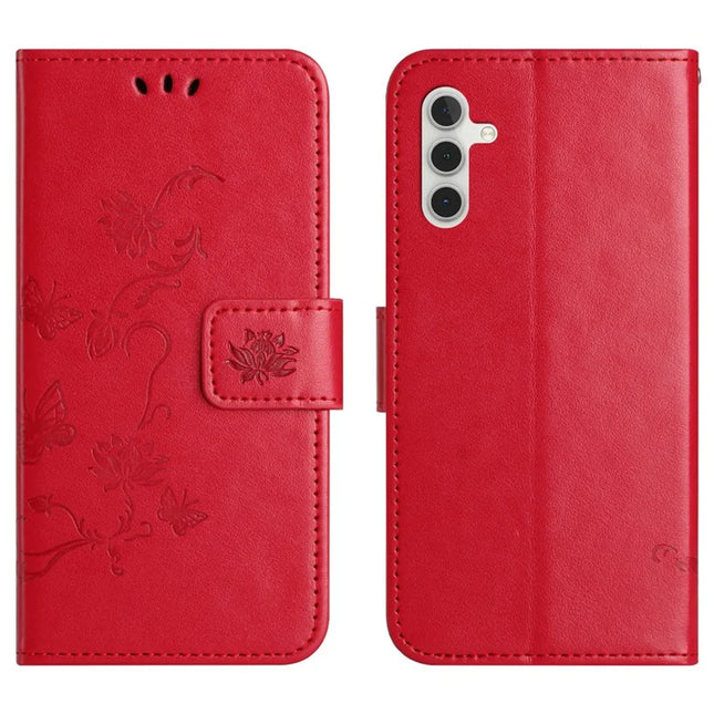 For Samsung Galaxy A26 5G Case Wallet Stand Imprinted Butterfly Flower PU Leather Phone Cover - Red