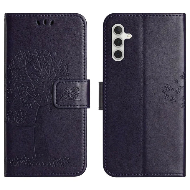 For Samsung Galaxy A26 5G Case PU Leather Owl Tree Imprinted Wallet Phone Cover - Dark Purple