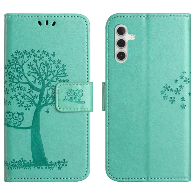 For Samsung Galaxy A26 5G Case PU Leather Owl Tree Imprinted Wallet Phone Cover - Cyan