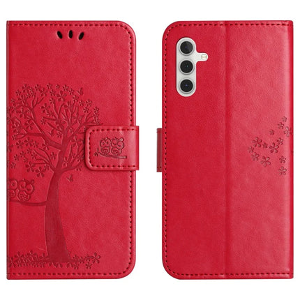 For Samsung Galaxy A26 5G Case PU Leather Owl Tree Imprinted Wallet Phone Cover - Red