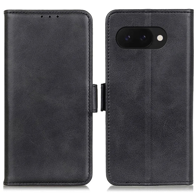 For Google Pixel 9a Case Stand Cowhide Texture PU Leather Phone Cover - Black