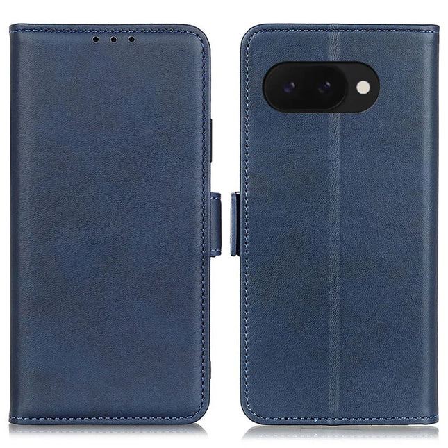 For Google Pixel 9a Case Stand Cowhide Texture PU Leather Phone Cover - Blue