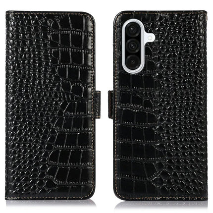 For Samsung Galaxy A36 5G Case Crocodile Texture Genuine Cow Leather Phone Wallet Cover - Black