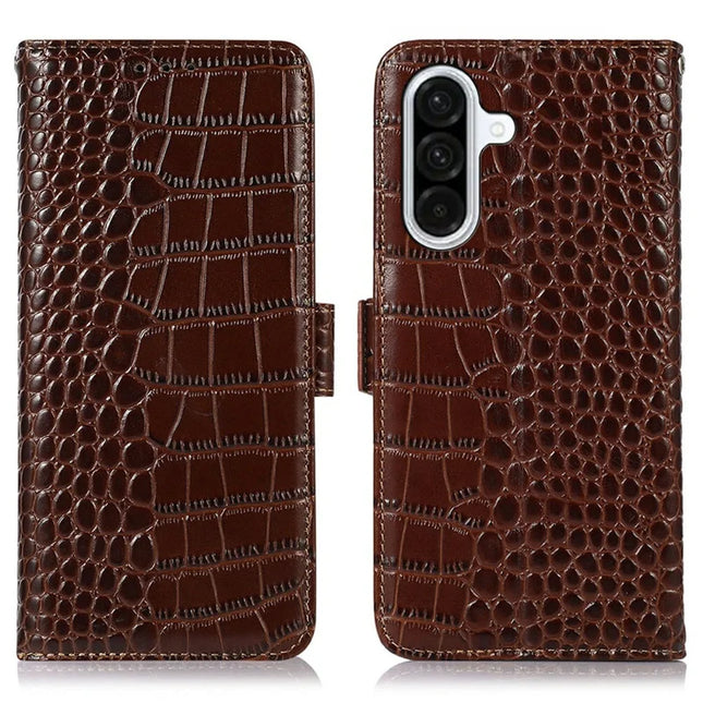For Samsung Galaxy A36 5G Case Crocodile Texture Genuine Cow Leather Phone Wallet Cover - Brown