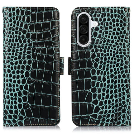 For Samsung Galaxy A36 5G Case Crocodile Texture Genuine Cow Leather Phone Wallet Cover - Green
